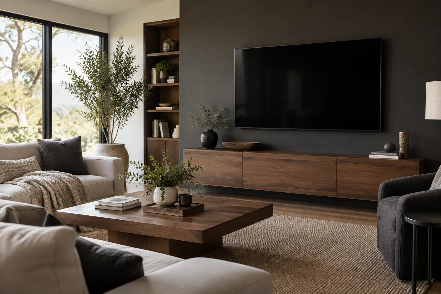 Heller Wohnraum mit großem Fernseher und Sofa