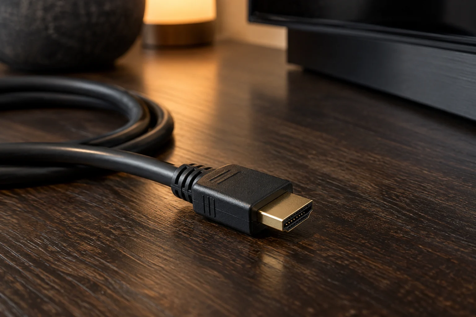 HDMI-Kabel auf einer dunklen Holzoberfläche