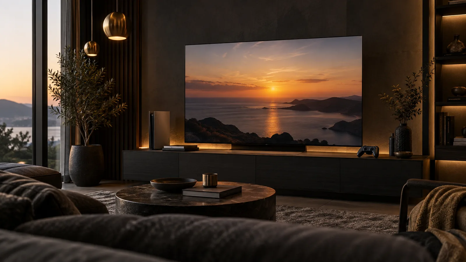 Wohnzimmer mit großem Fernseher und Sitzplatz