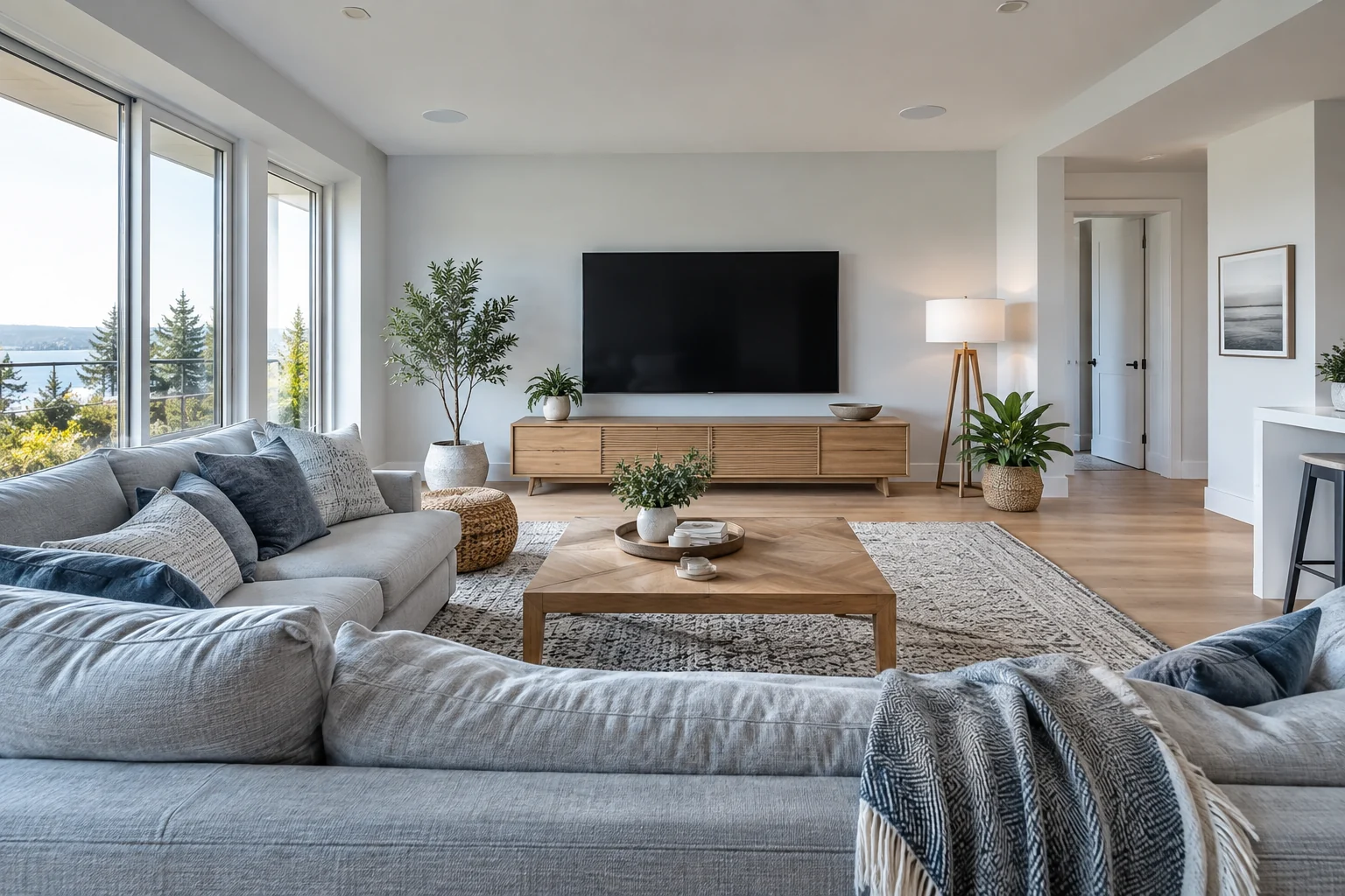 Wohnzimmer mit Fernseher als Beispiel für Sitzabstand und Bildschirmgröße